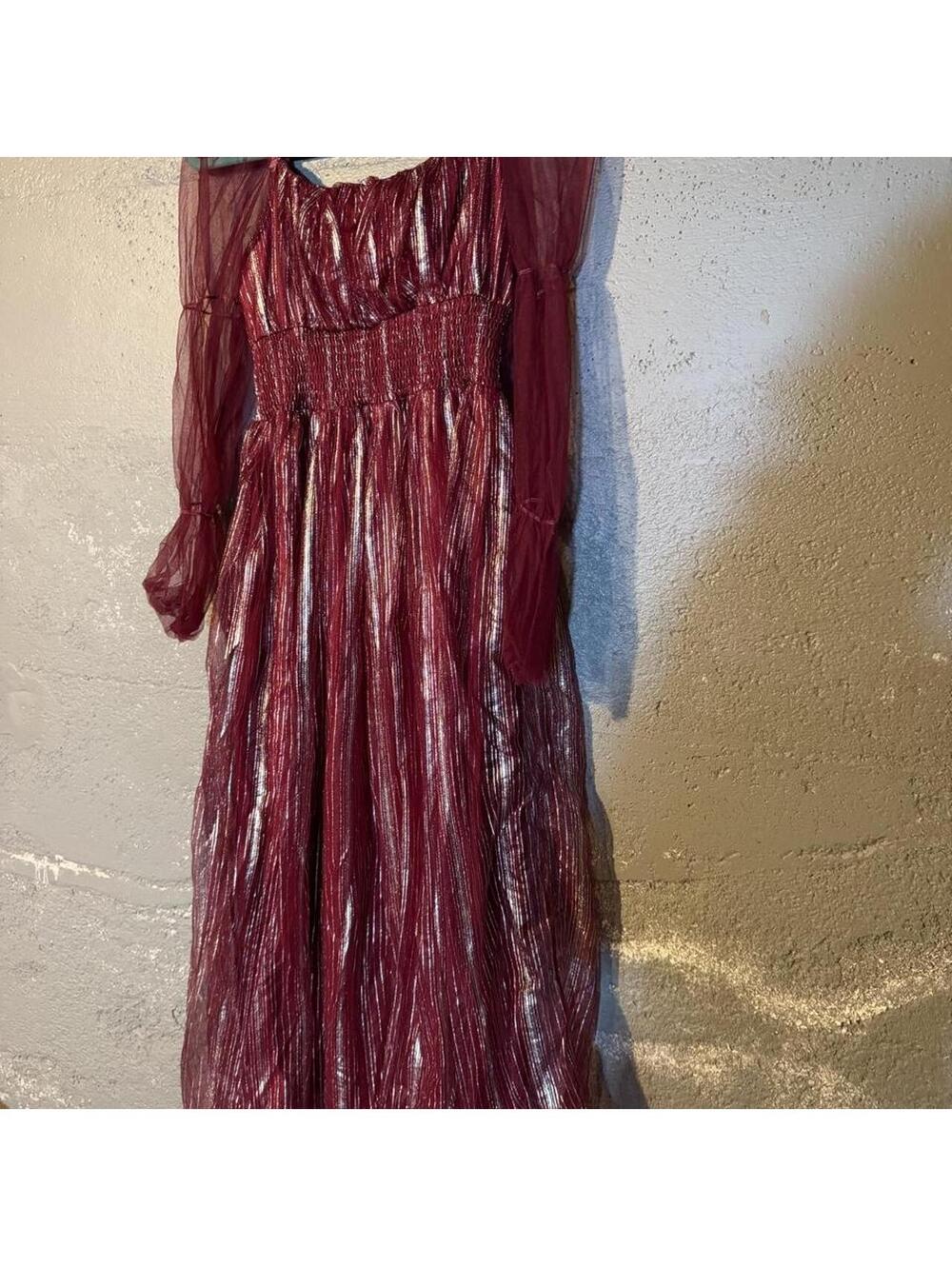 SHEIN Burgundy Metallic Long Dress with Sheer Sleeves Size US 4